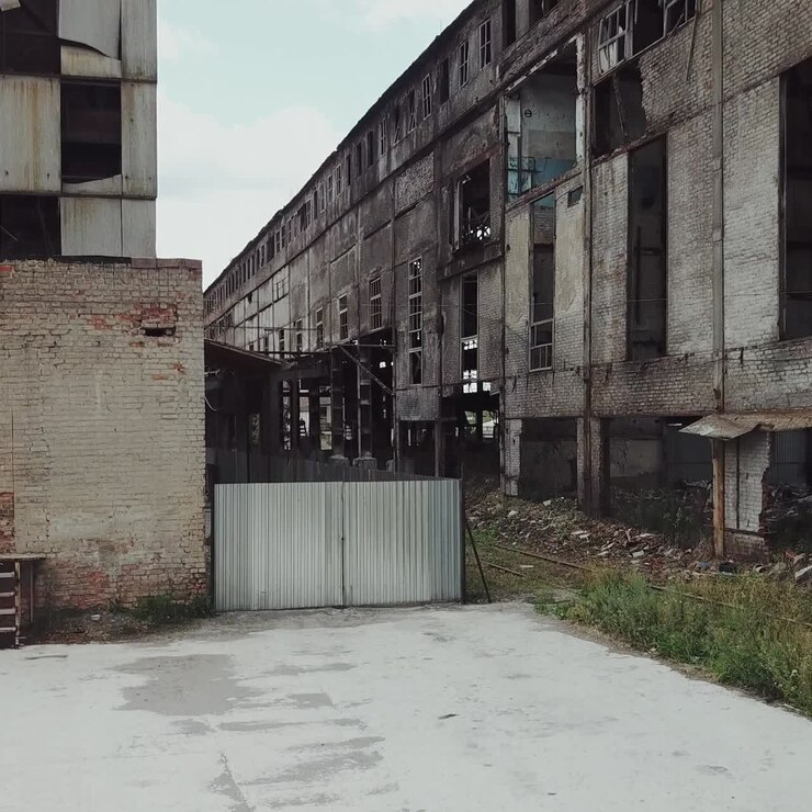 Decollo del drone presso una fabbrica abbandonata. Vecchio edificio di fabbrica abbandonato. Vista aerea.