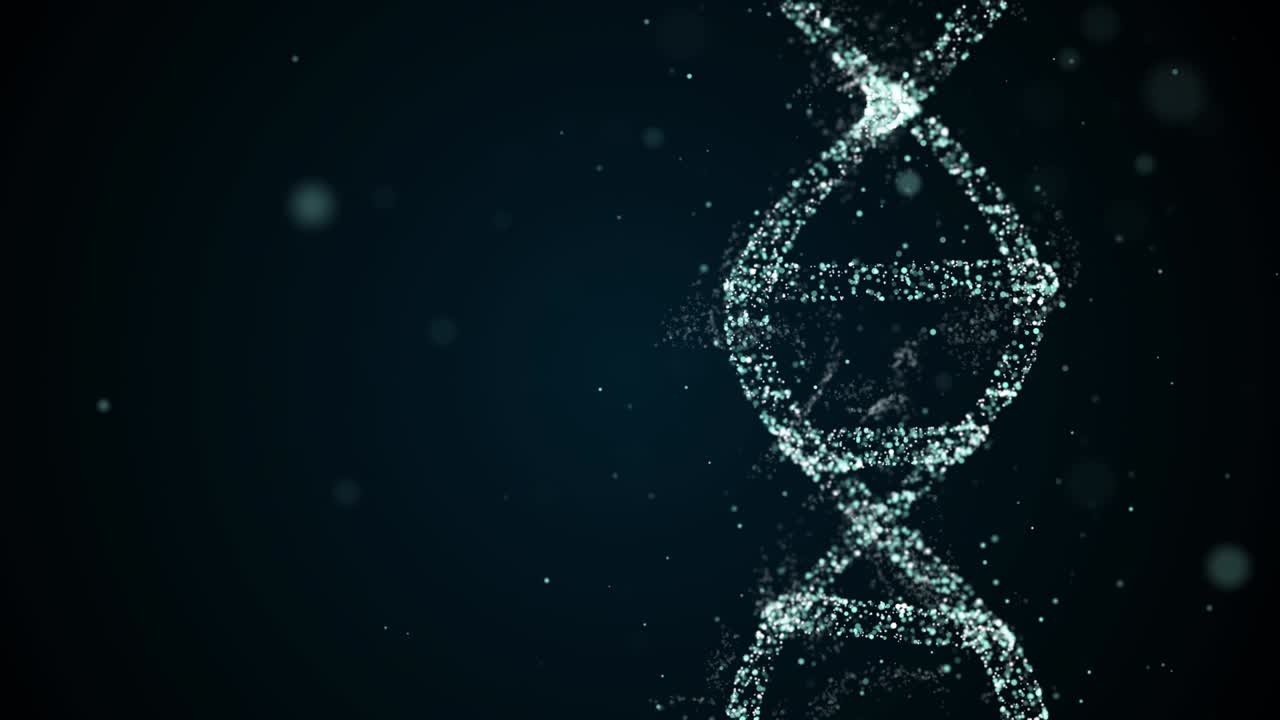 Abstract representation of digital binary DNA molecule over space darkness.