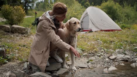 A-blonde-girl-in-hiking-clothes-stands-with-her-light-colored-dog-near-a-mountain-river-and-washes-her-dog-against-the-backdrop-of-a-tent-and-a-green-forest.-Hiking-with-your-pets