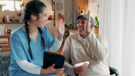 a smiling young nurse is helping an elderly man at home.