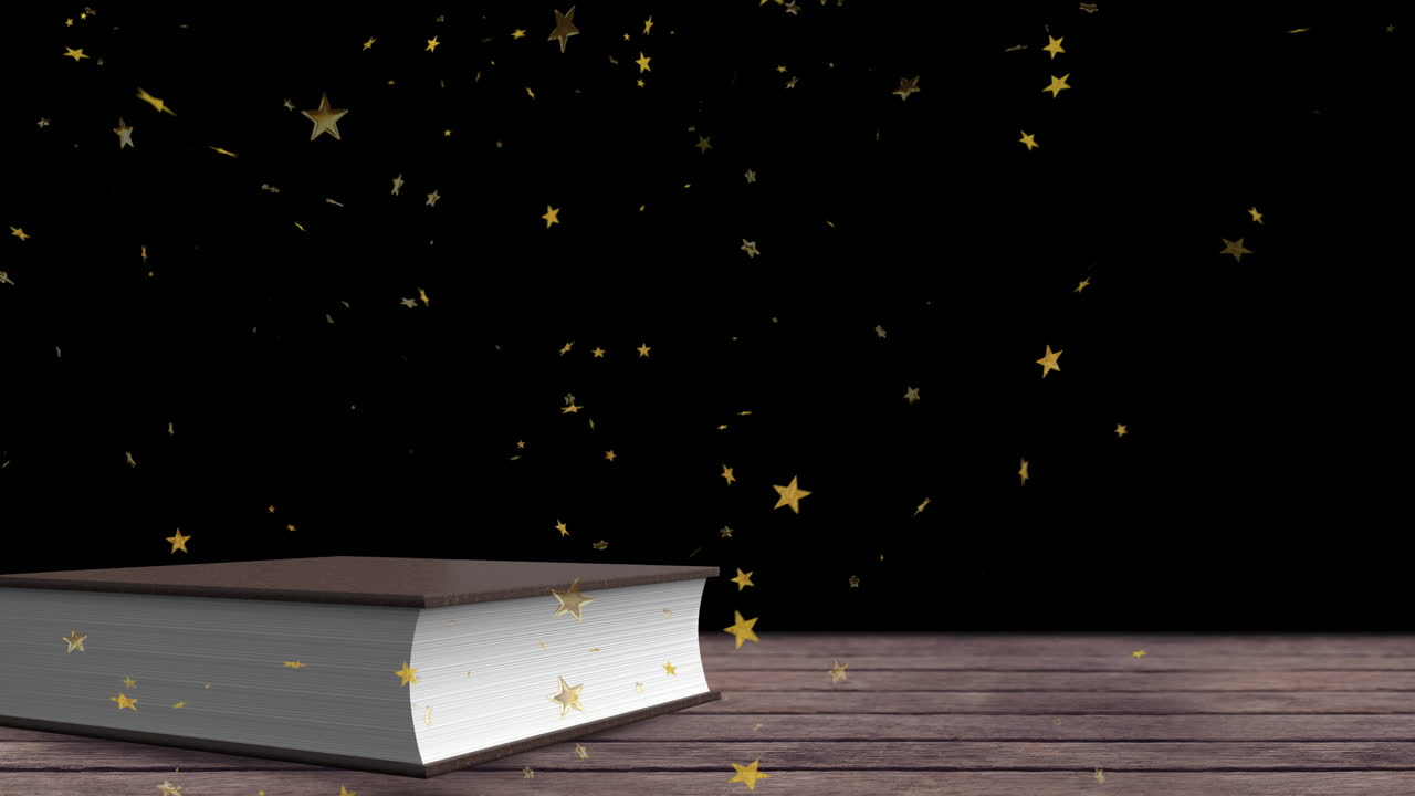 animación de estrellas doradas cayendo sobre un libro en superficie de madera