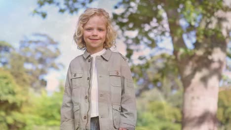 animation of flag of usa over caucasian boy