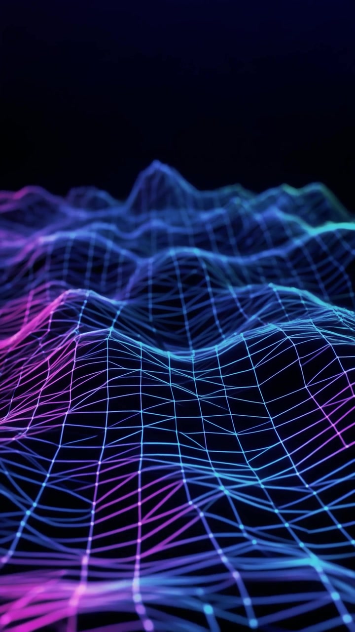 Rete mesh di dati digitali futuristica con linee blu e viola luminose