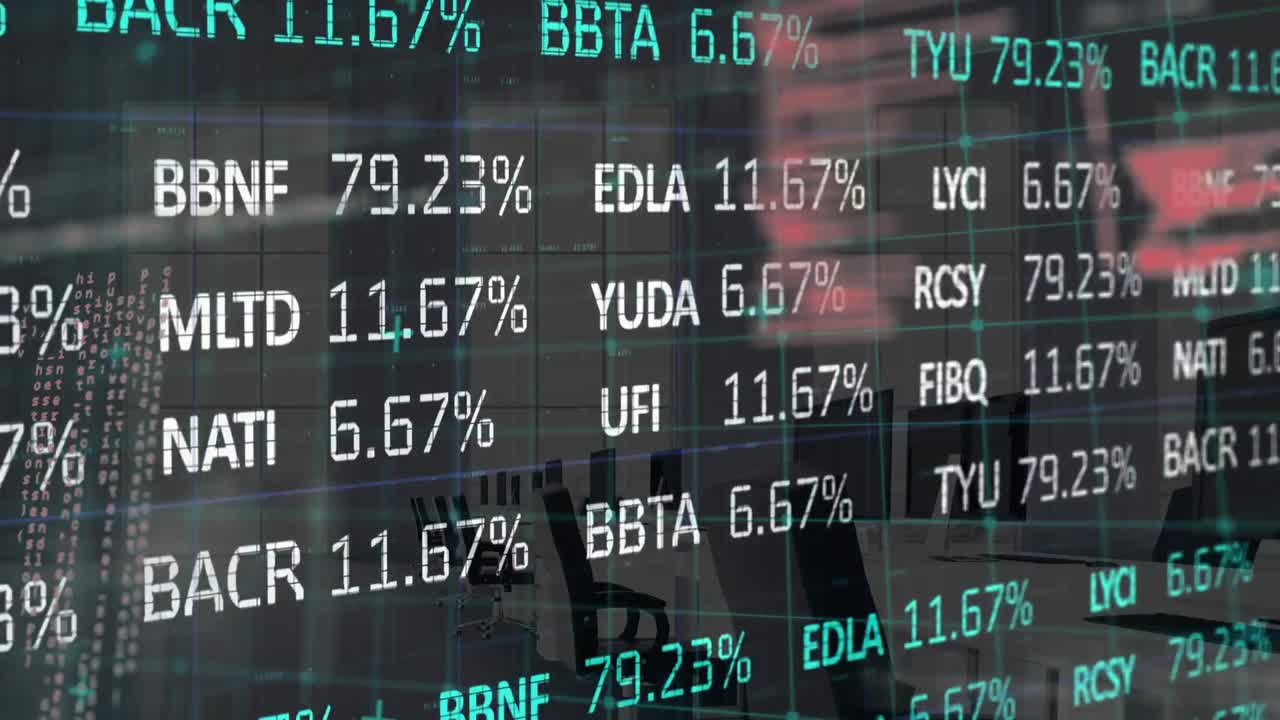 Animazione di elaborazione dati e borsa valori su un ufficio