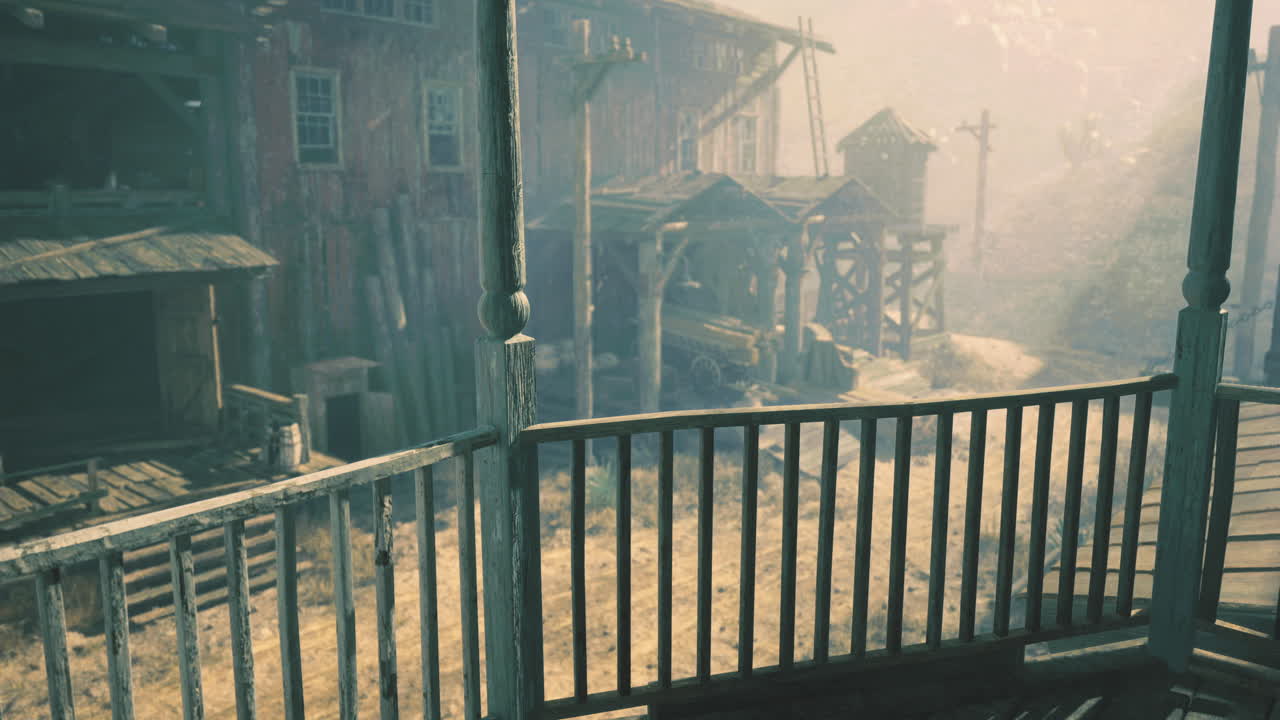 Foggy landscape with rustic wooden buildings evokes history and solitude