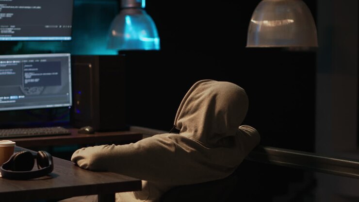 Hacker al lavoro sulla sicurezza informatica di un computer in un ufficio buio
