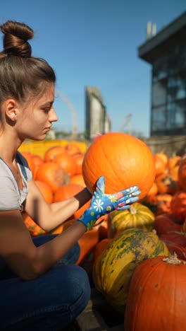 mujer recogiendo calabazas en una granja