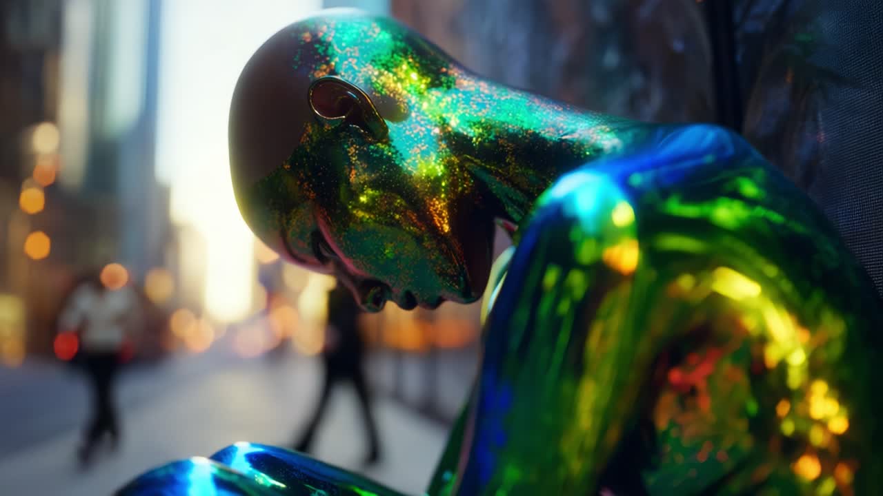 A Reflective Moment of an Artistically Crafted Figure Resting in Urban Surroundings with Captivating Colorful Surface, Showcasing the Harmony Between Art and Environment in a Striking Visual Narrative