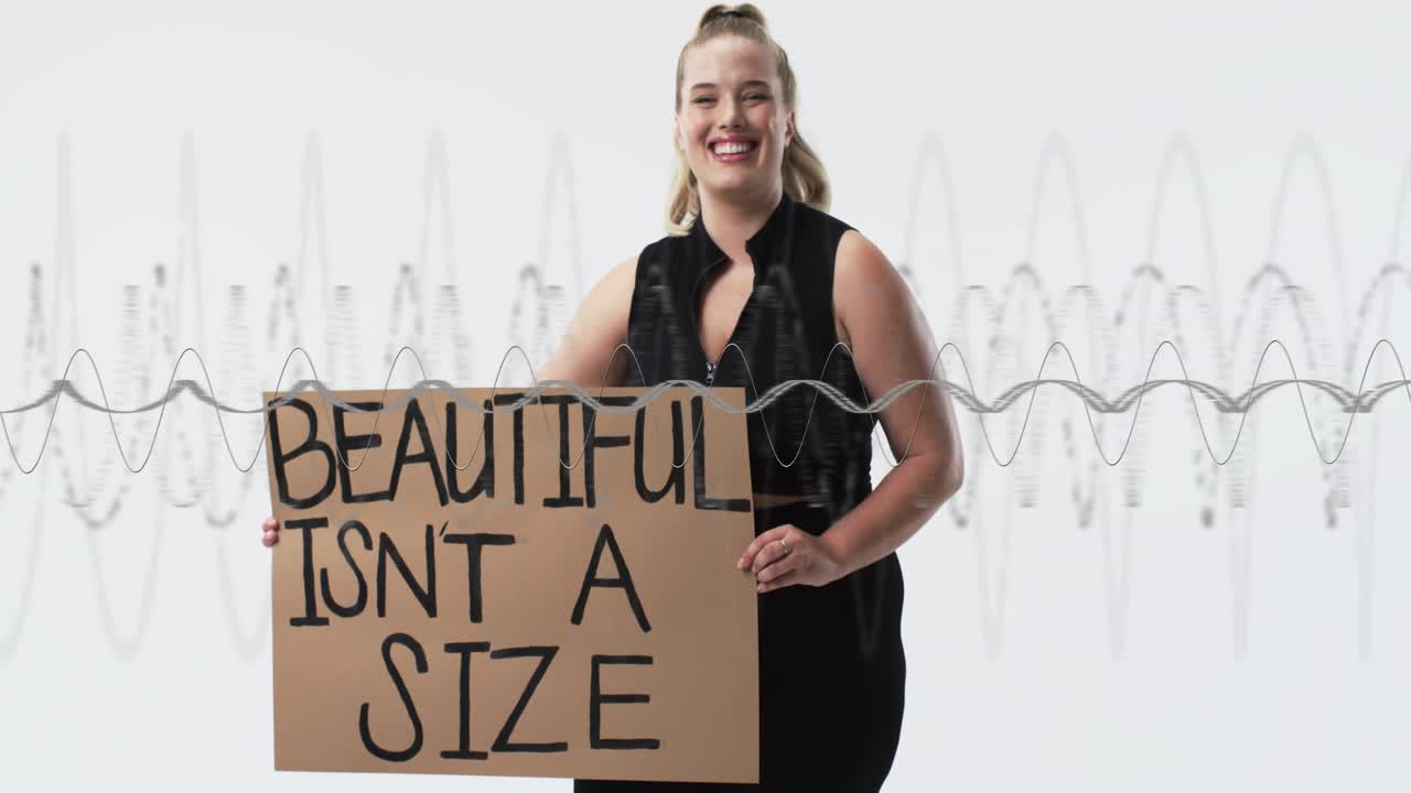Woman looking down, adjusting, centering sign for campaign, waveform overlay staying while smiling
