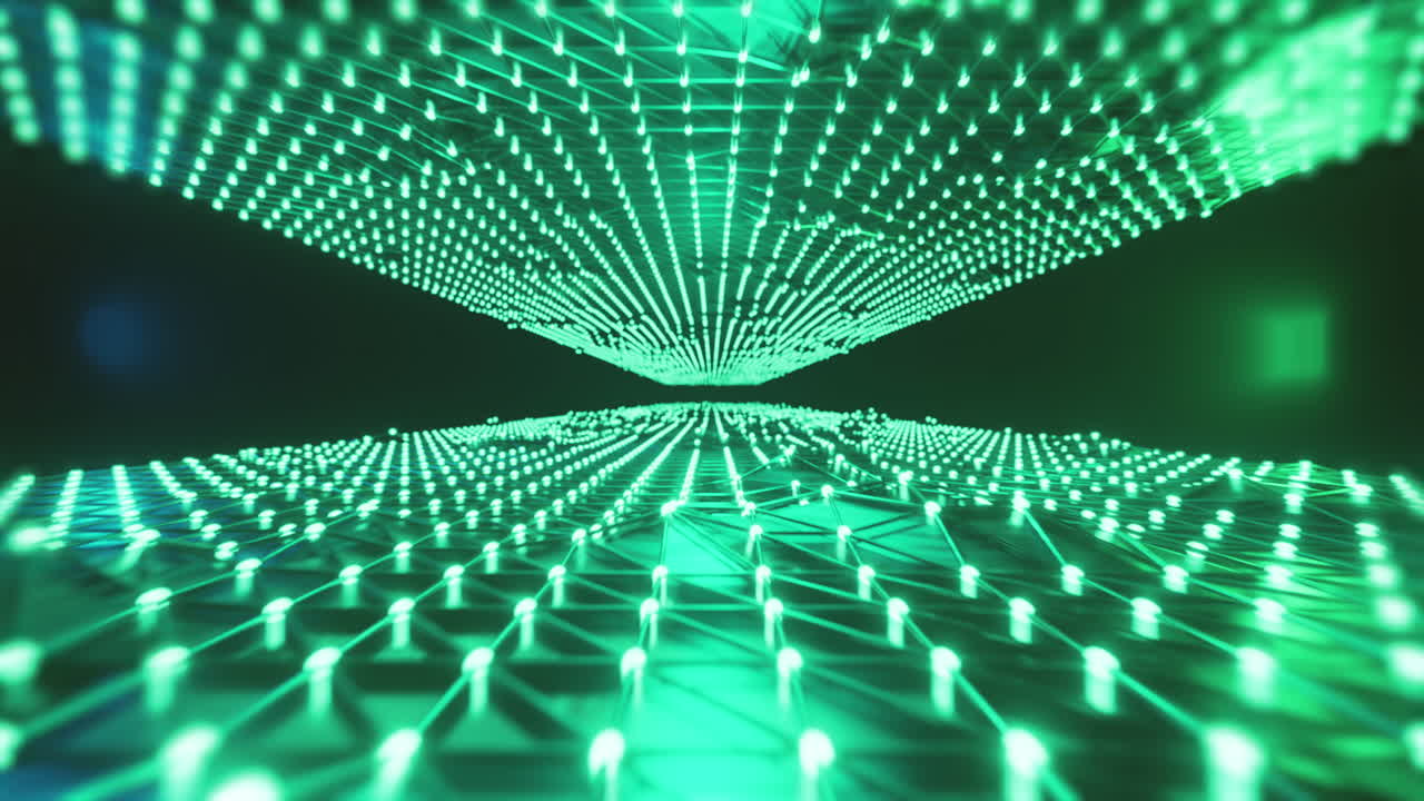 Animation of glowing green mesh of light trails moving on black background