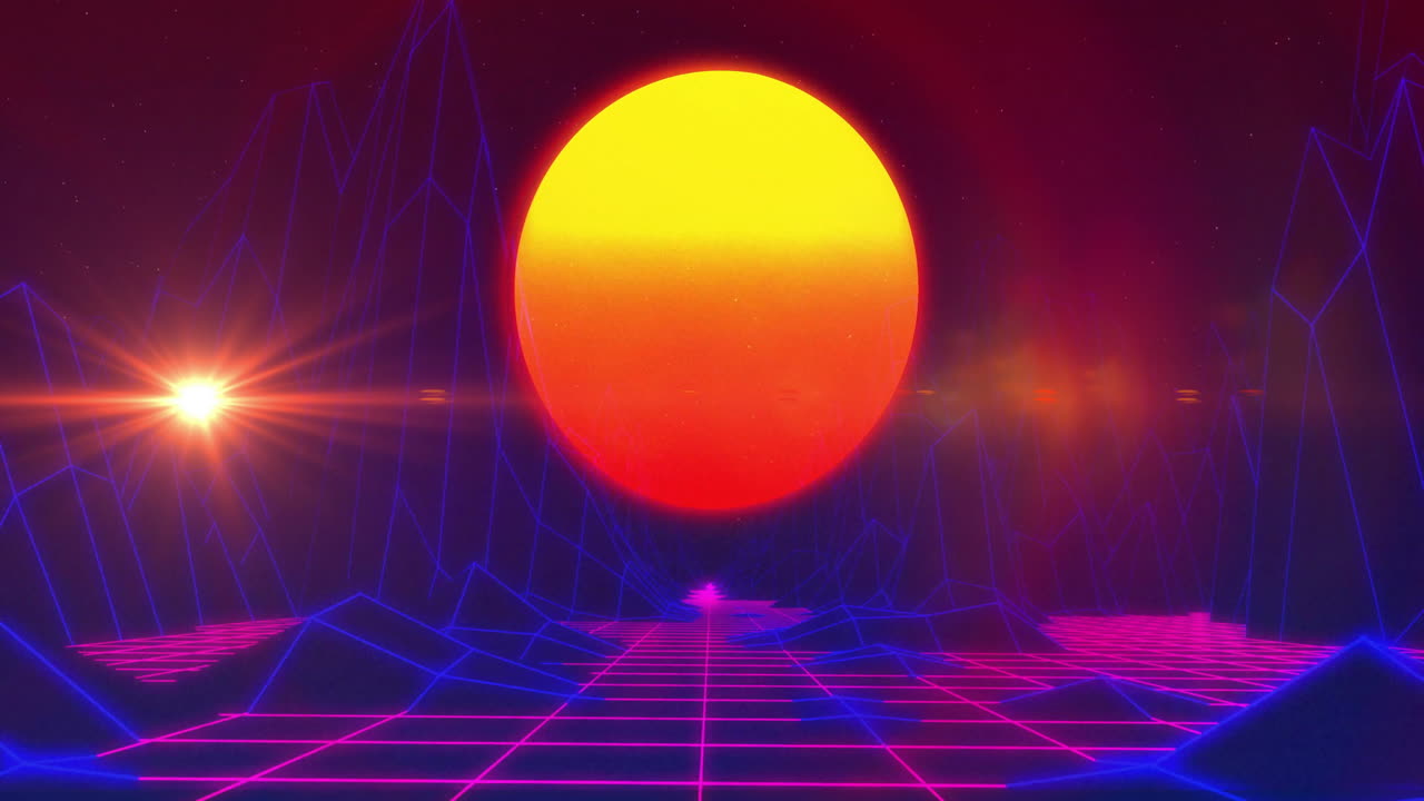 Glowing sun disc hovering on horizon, glitchy neon grid floor stretching toward wireframe peaks