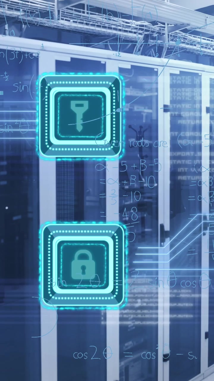 Animation of padlock and key icons, mathematical equations and data processing over computer servers