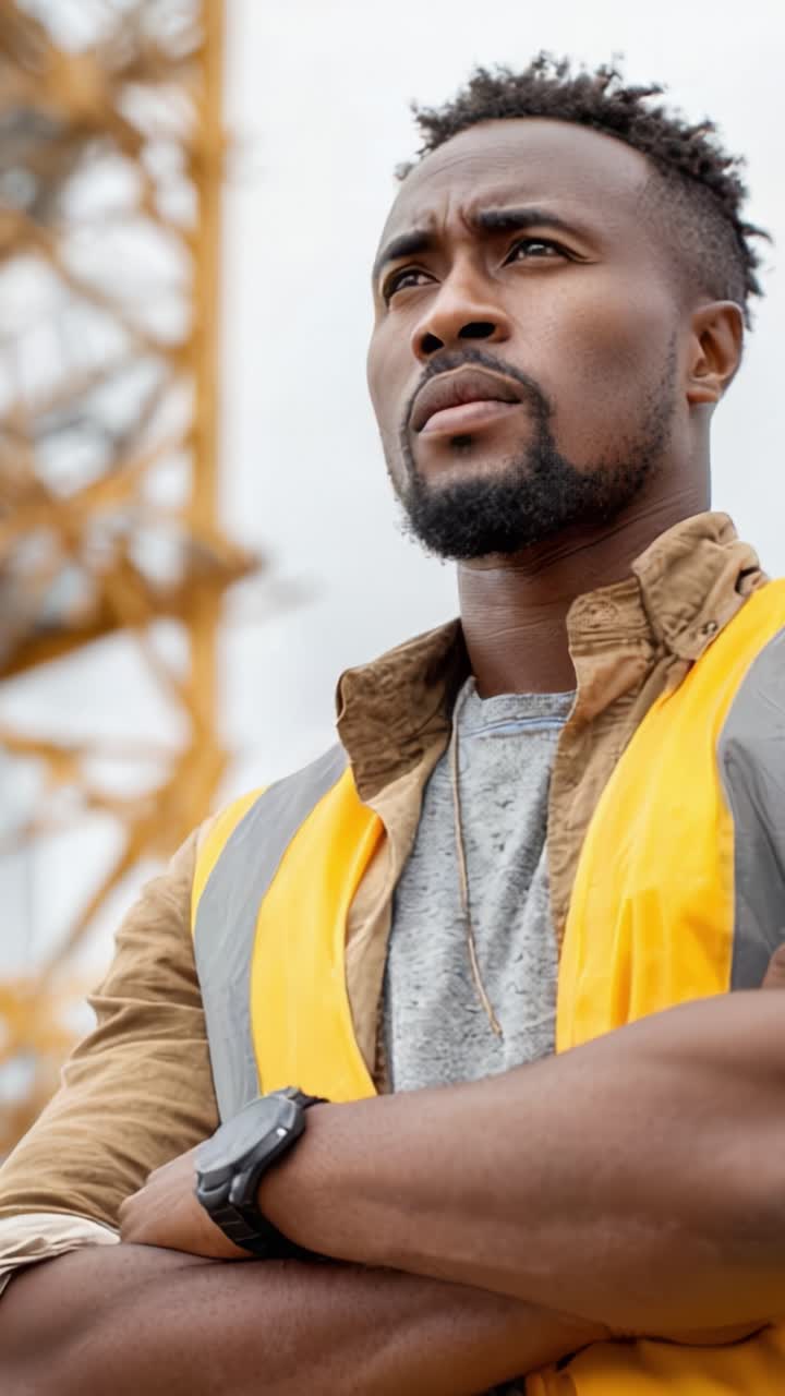 Focused Worker Contemplating Future Challenges While Wearing Safety Gear in Front of Construction Site's Machinery and Towering Structures