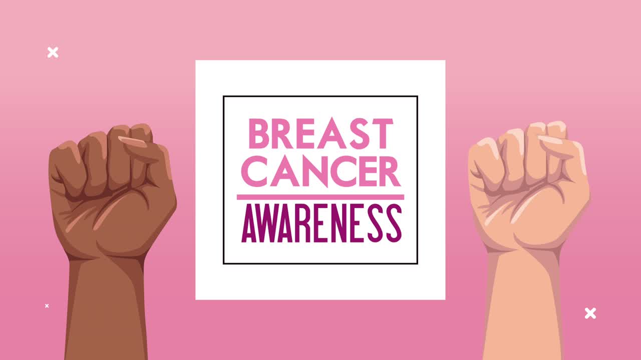 사각형 프레임에 인종 간 손으로 유방암 글자 애니메이션