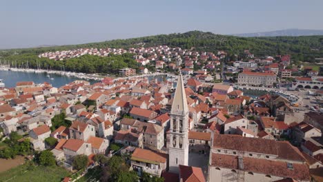 Stari-Grad,-Hvar-Island,-Croatia:-Aerial-view-of-historic-town-and-marina