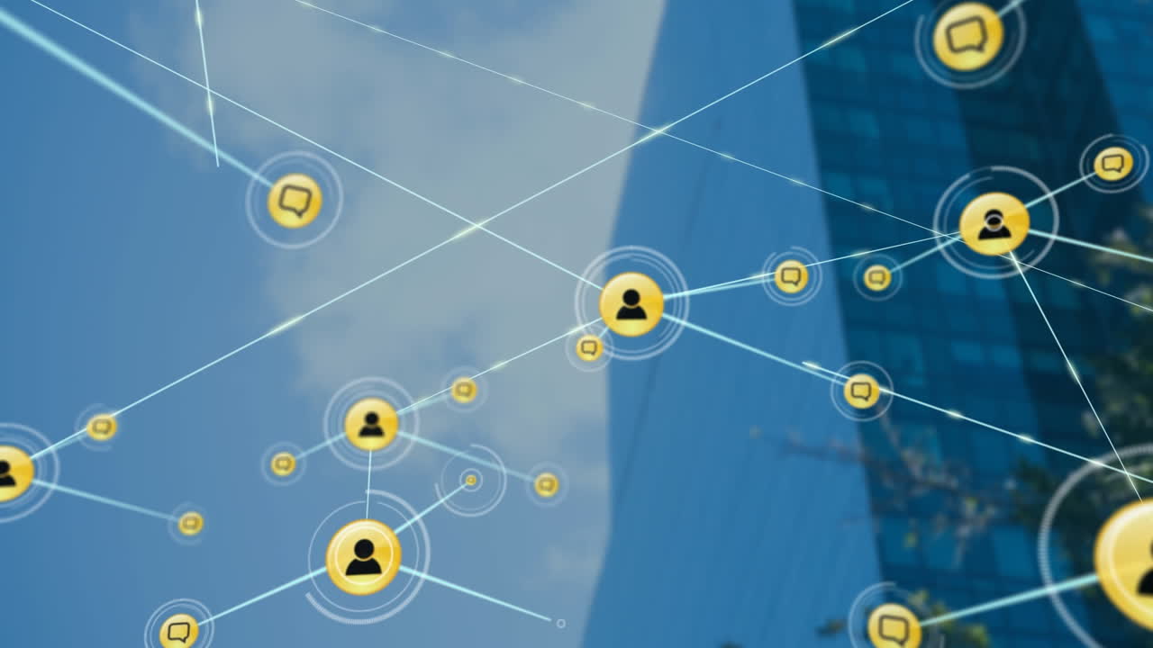 도시 풍경 위의 아이콘으로 연결된 네트워크의 애니메이션