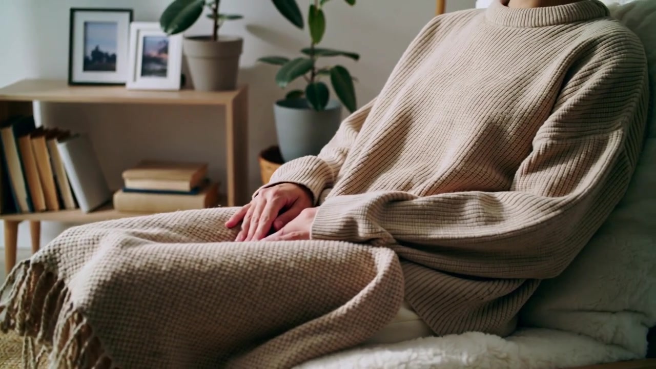 Donna con un maglione a coste che si sistema, tirando e lisciando una coperta frangiata sulle gambe in poltrona a casa.