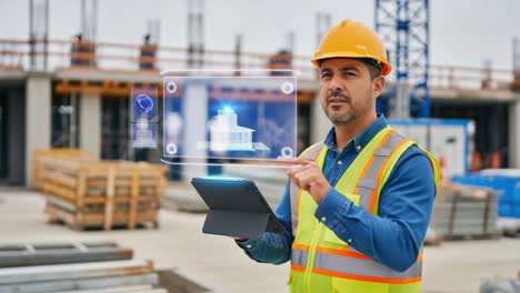 construction engineer utilizing advanced technology: a professional in a hard hat engaging with augmented reality on a tablet at a building site