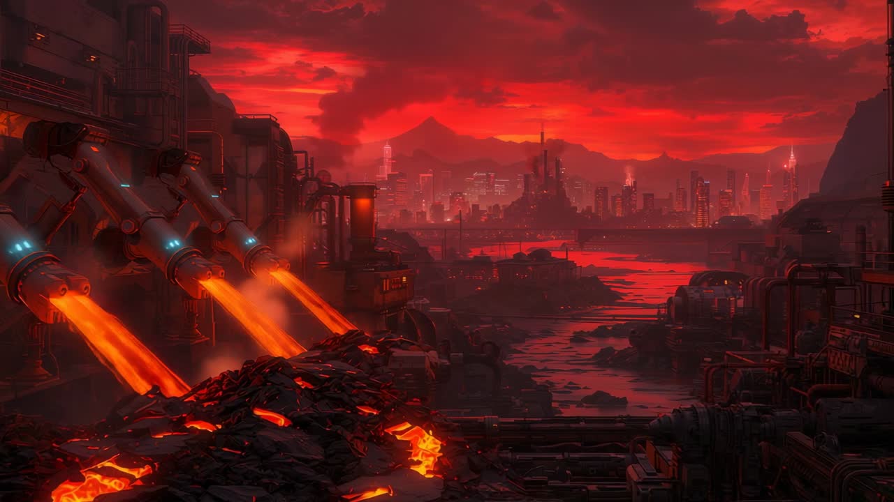 paneo de cámara en una fundición, metal fundido vertiéndose de tubos a escoria bajo un cielo rojo, espacio para texto