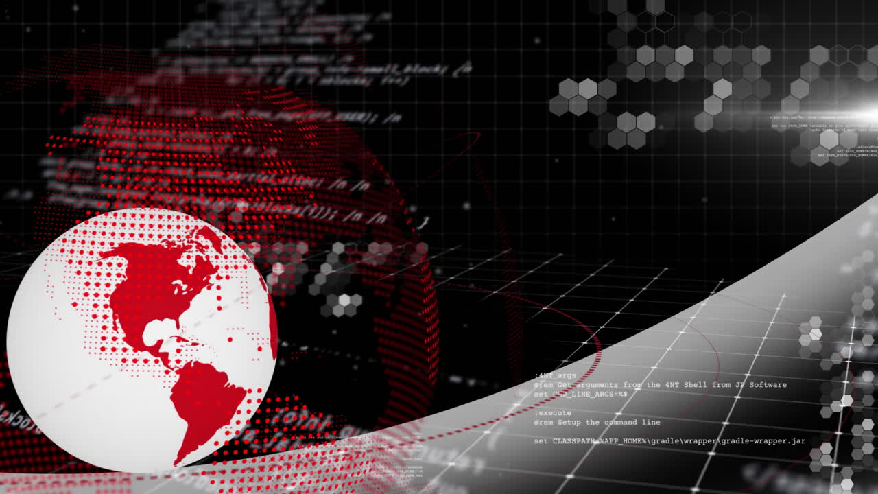 animación de globo y código de programación sobre mapa del mundo digital con patrones hexagonales