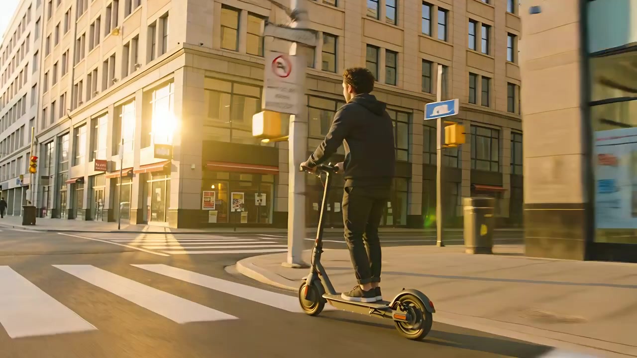 Voksen mand pendler på el-løbehjul i mørk hættetrøje, passerer cykelsti-symbol, plads til tekst.