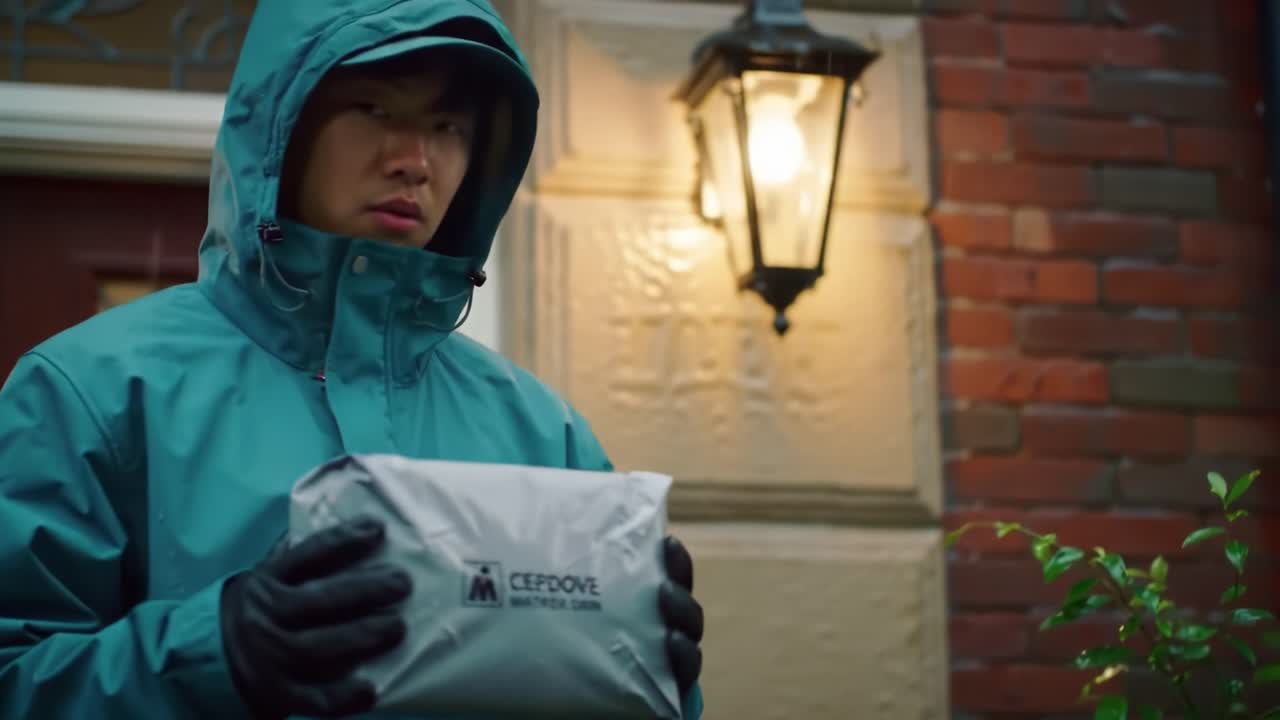 A delivery person stands at the entrance of a home while holding a sealed package. Dressed in a rain gear, he appears focused as rain falls around him, creating a moody evening atmosphere.