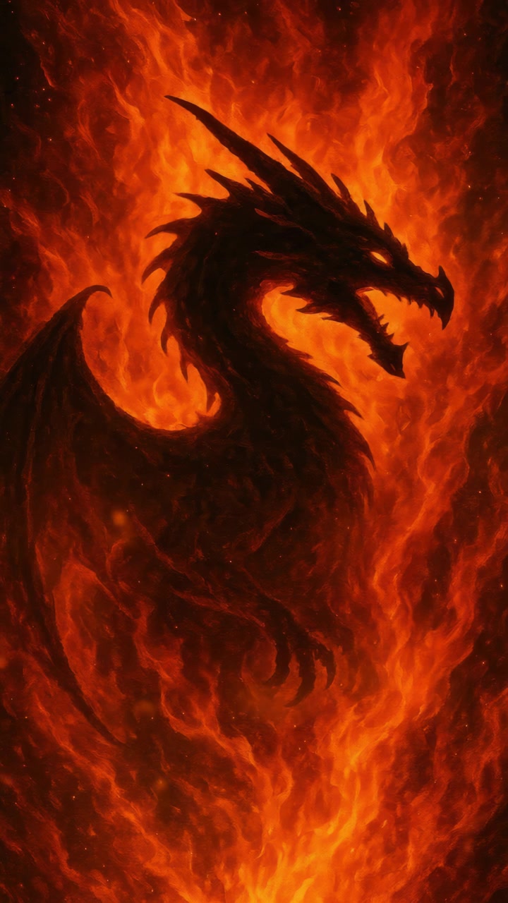 Silhouette sombre de dragon émergeant d'un feu intense et déchaîné