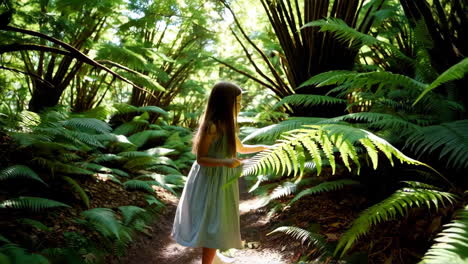 young girl exploring a lush fern forest path
