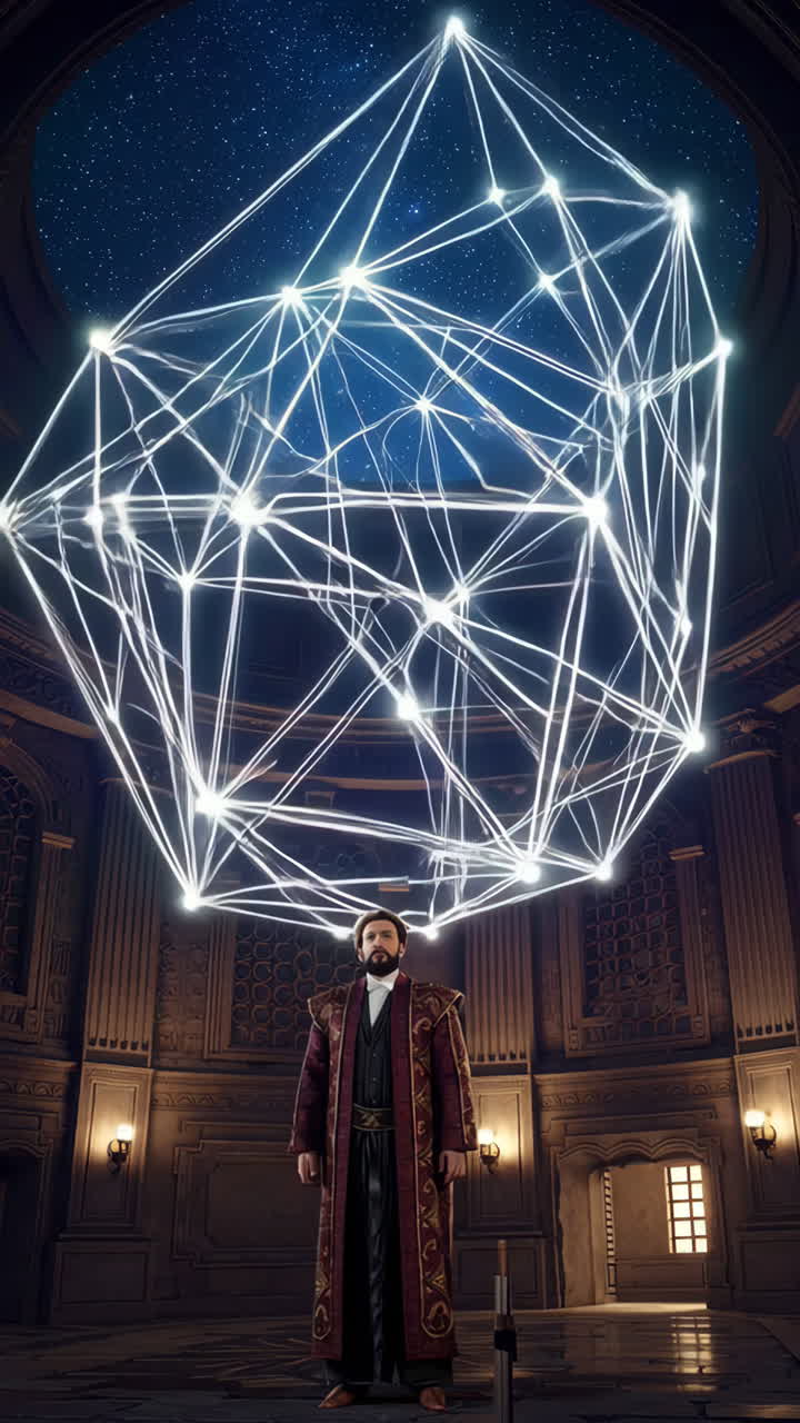 A Man Under a Starry Network in a Grand Palace