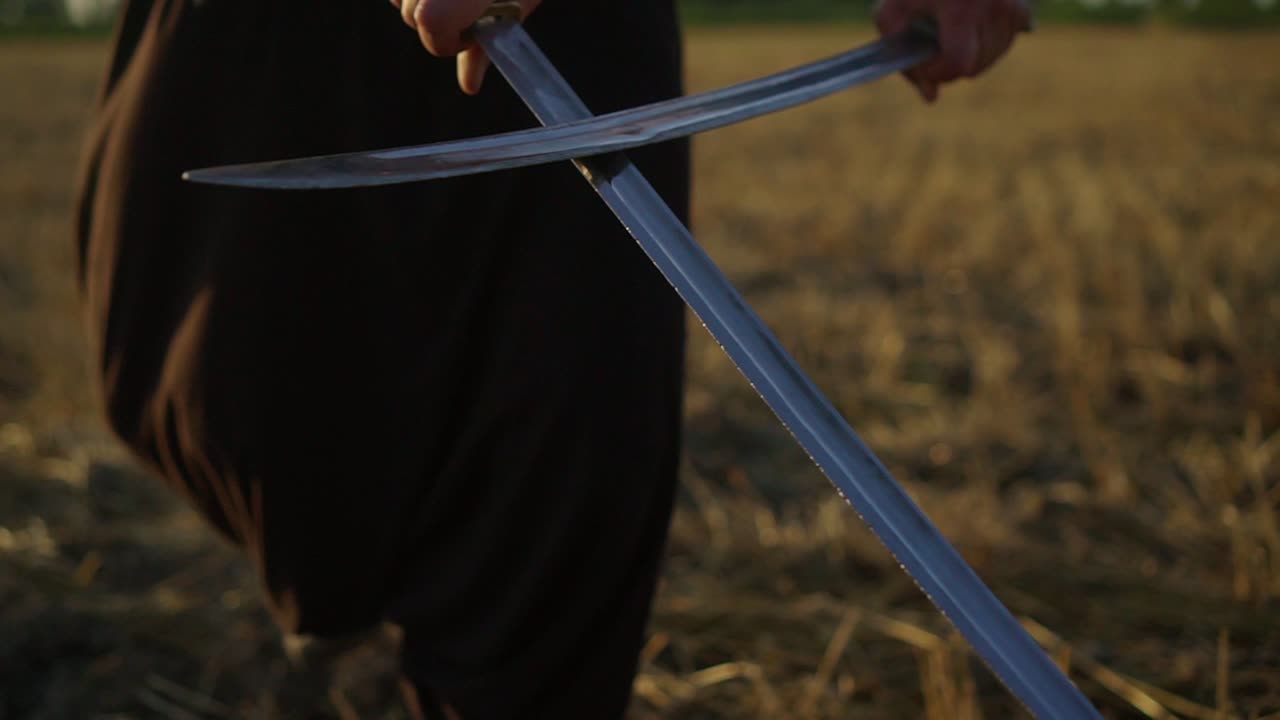 un cosaco con dos sables en las manos mira en la distancia al enemigo 05