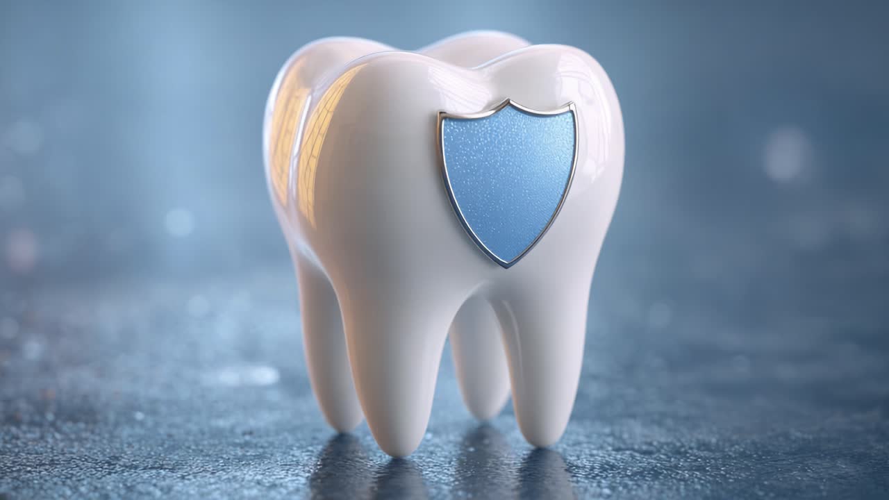 Dente lucido con scudo protettivo: una rappresentazione visiva della salute e dell'igiene dentale per promuovere denti forti e strategie di prevenzione della carie
