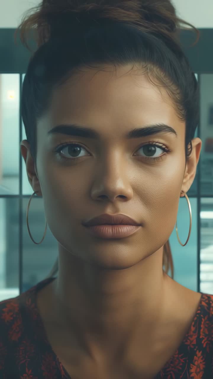 Vertical video: Opening eyes woman holding gaze in lit room wearing red top with hoops to connect
