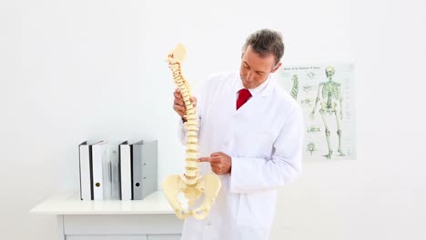Happy-doctor-explaining-model-of-spine-to-camera