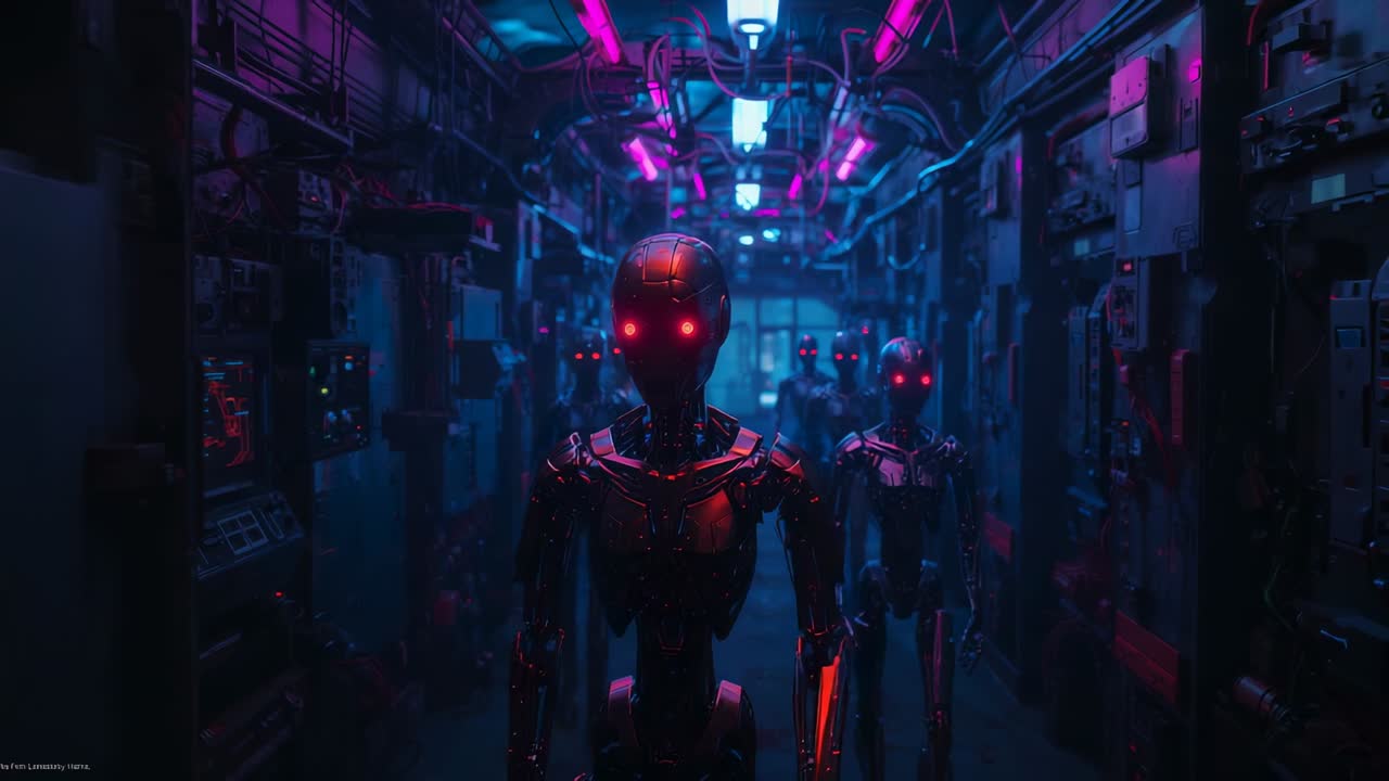 Robot all'avanguardia che avanza verso la fotocamera ispezionando dei pannelli, mentre emerge da un corridoio neon rosa-blu