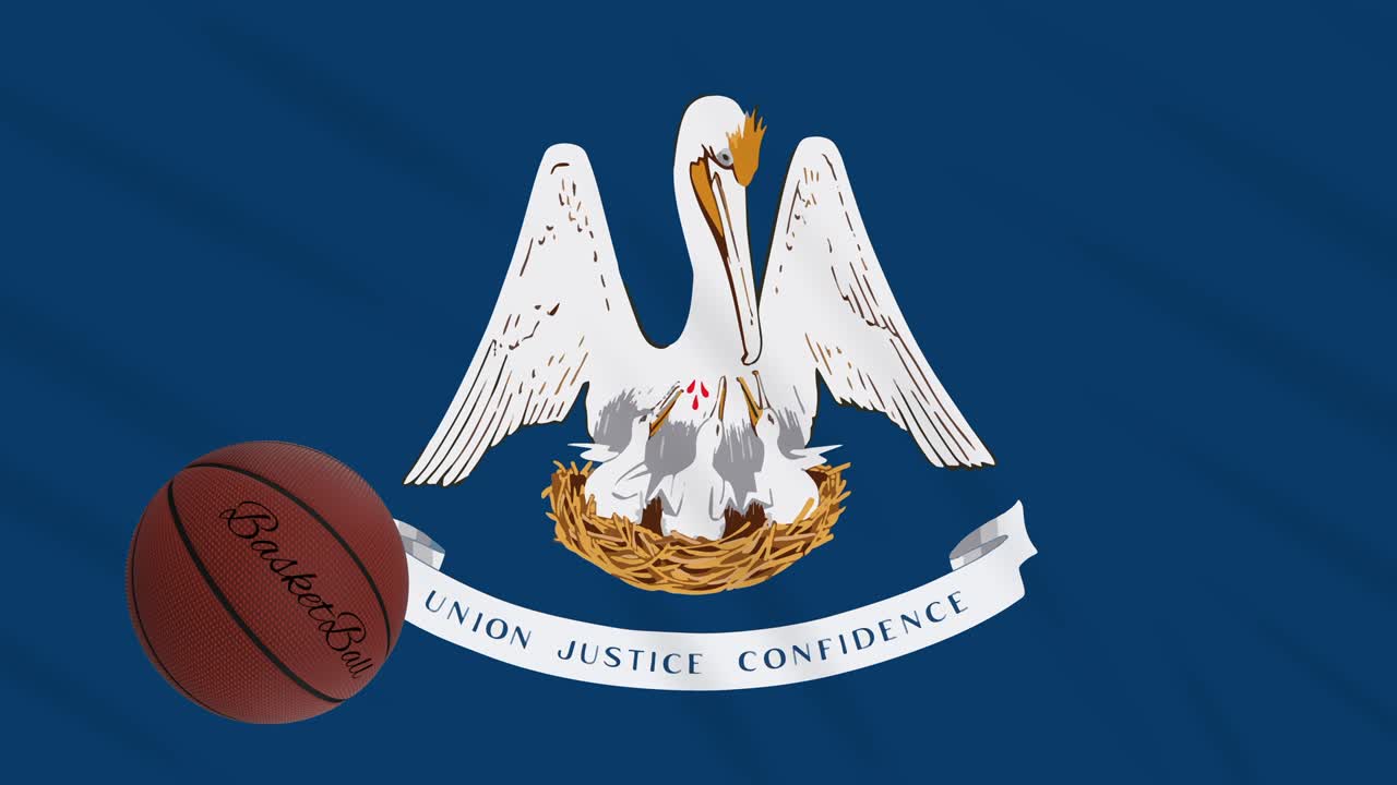 la bandera de louisiana ondeando y la pelota de baloncesto girando, bucle