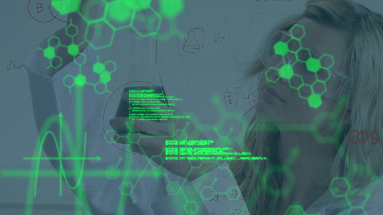 Animation of scientific data over focused caucasian female lab worker