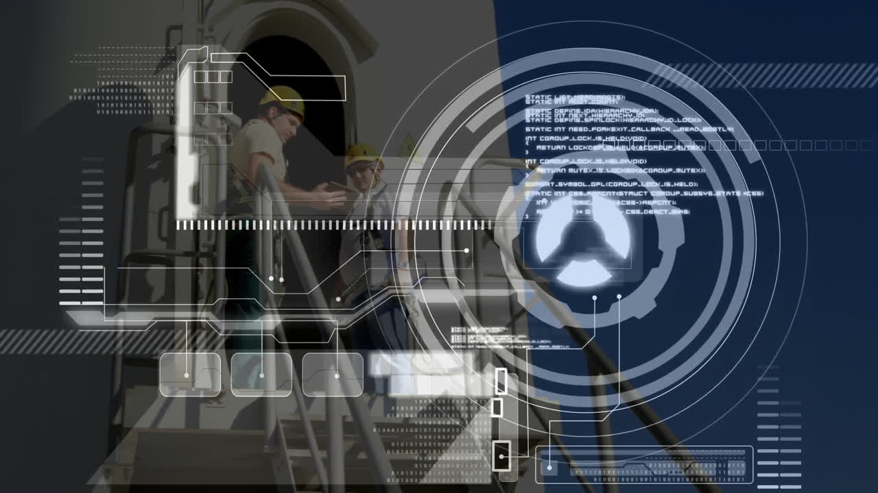 Two men wearing safety gear standing on platform, reviewing aviation docs with motion data icons