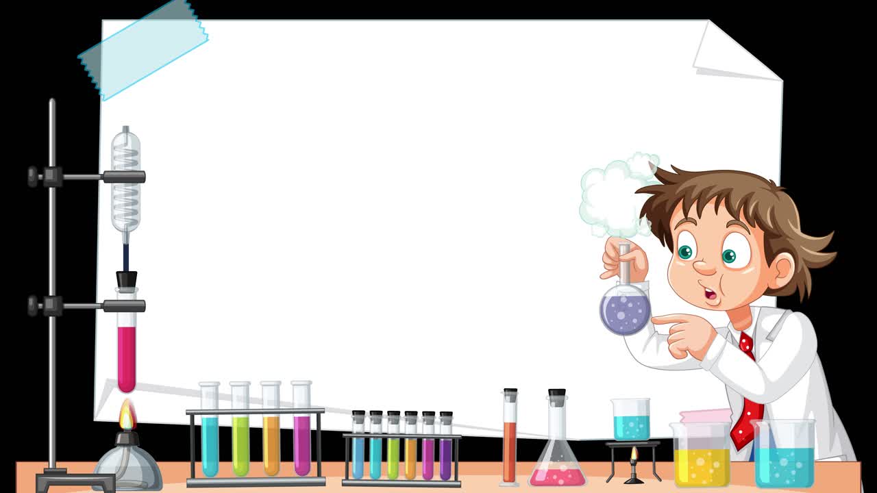 A cartoon boy in a white lab coat conducts a colorful chemistry experiment at a laboratory bench, with animated reactions and a blank paper backdrop