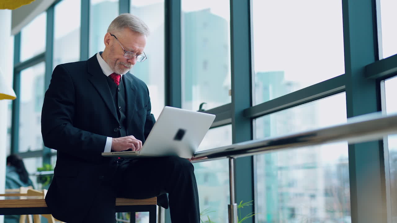 Grey-haired businessman working on a laptop. Serious mature man in glasses in elegant suit typing on a computer while sitting near the windows.