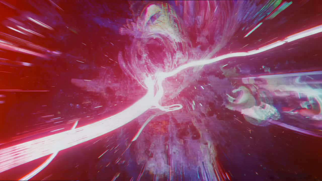 Forming loop, pink ribbon beam curling and heading into vortex through nebula tunnel, shard