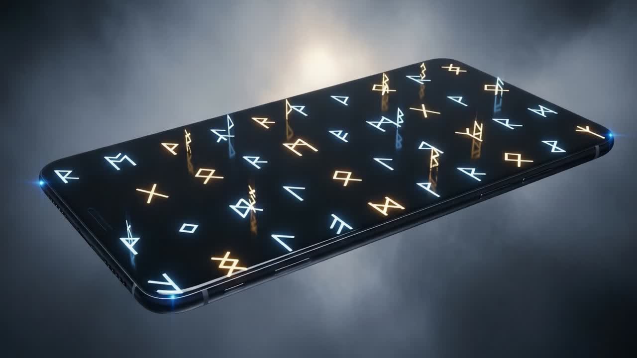 A Futuristic Smartphone Displaying Illuminated Ancient Symbols, Merging Technology with Mystical Elements and Intricate Glyphs in a Captivating Digital Scene