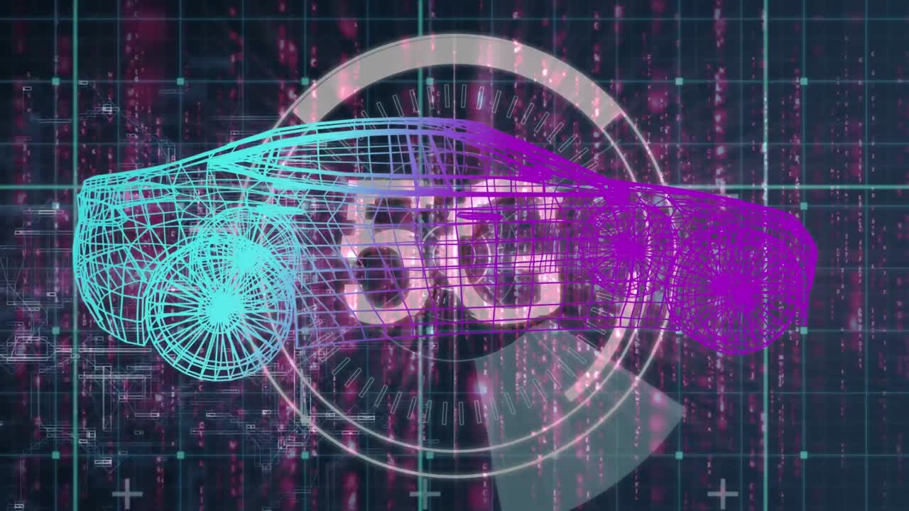 animación del proyecto del coche y los círculos girando en el espacio violeta y negra