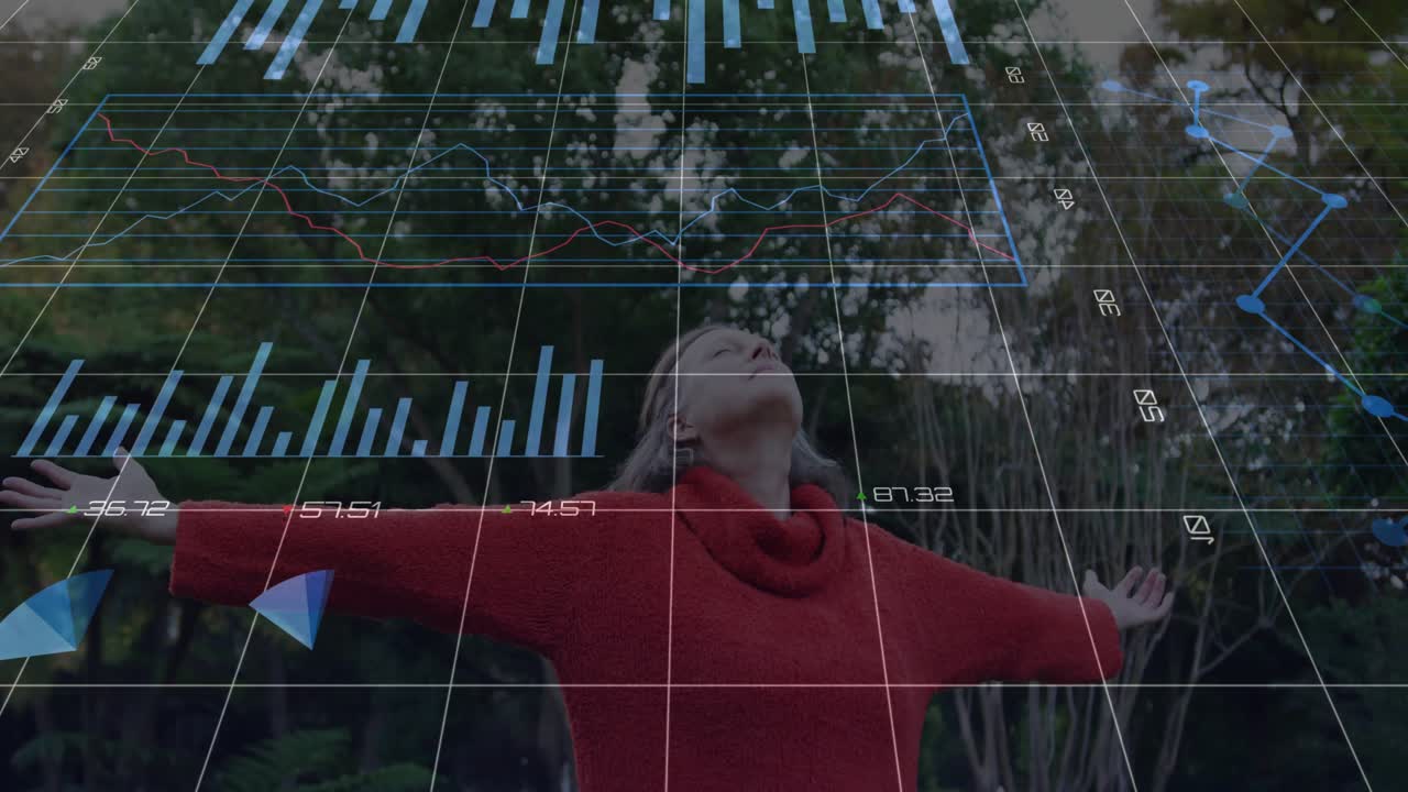 Grid overlay appearing woman arms extended in garden demonstrating data visualization technology
