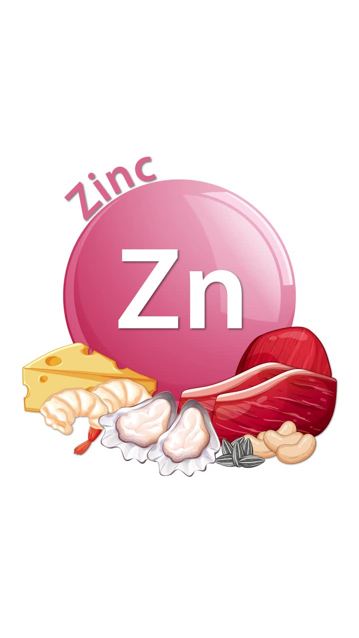 Un'icona rosa di integratore di zinco è affiancata da formaggio, carne, frutti di mare e noci in un'animazione fluida e additiva. Composizione pulita e verticale con illuminazione brillante.
