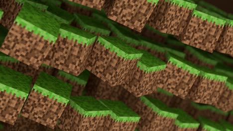 cubos abstractos en 3d. patrón de ondas de mosaico geométrico. construcción de paisajes de colinas usando bloques de hierba marrón y verde. estilo minecraft. bucle de animación en 3d de 4k