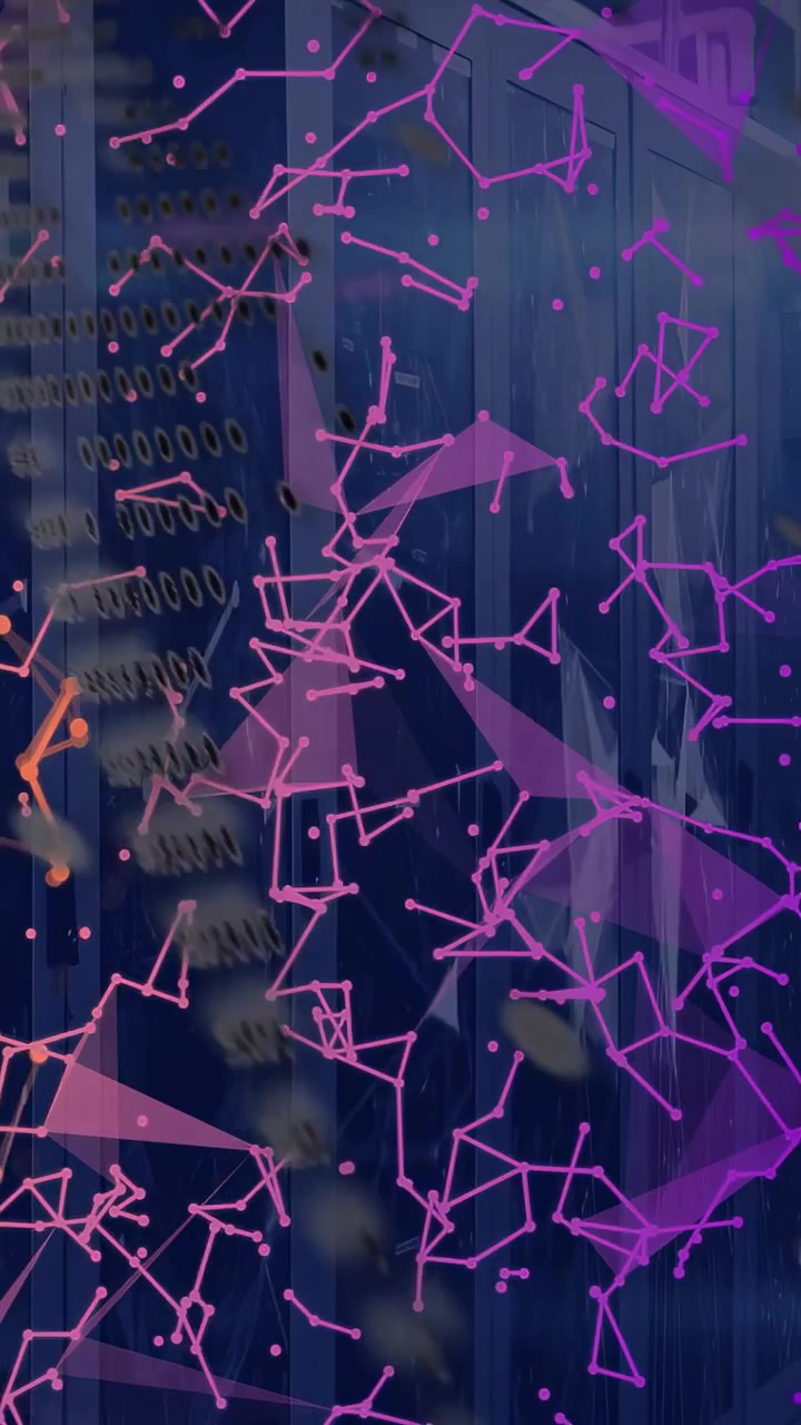 Vertical video: Data stream driving purple node mesh growing over server rack, dark spots sweeping