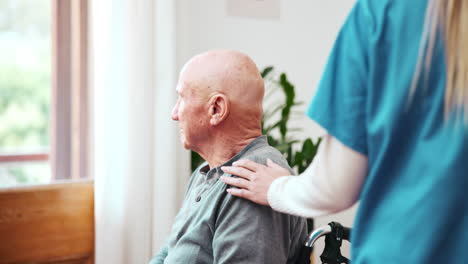 old man, wheelchair and nurse in home window