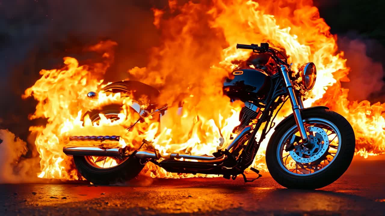 una motocicleta está envuelta por llamas en la carretera