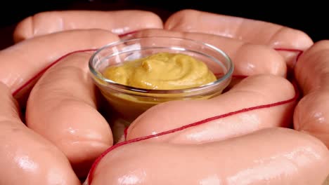 raw frankfurter sausages with mustard on cutting board on a dark background rotate slowly.