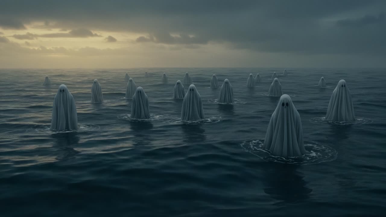 Mysterious apparitions rise from the ocean's depths, cloaked in spectral shrouds, creating an eerie and haunting scene against a cloudy twilight sky